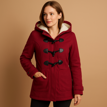 Long winter coat with hood for women, wind-resistant with a modern silhouette, available in black, khaki, and navy for full winter protection.