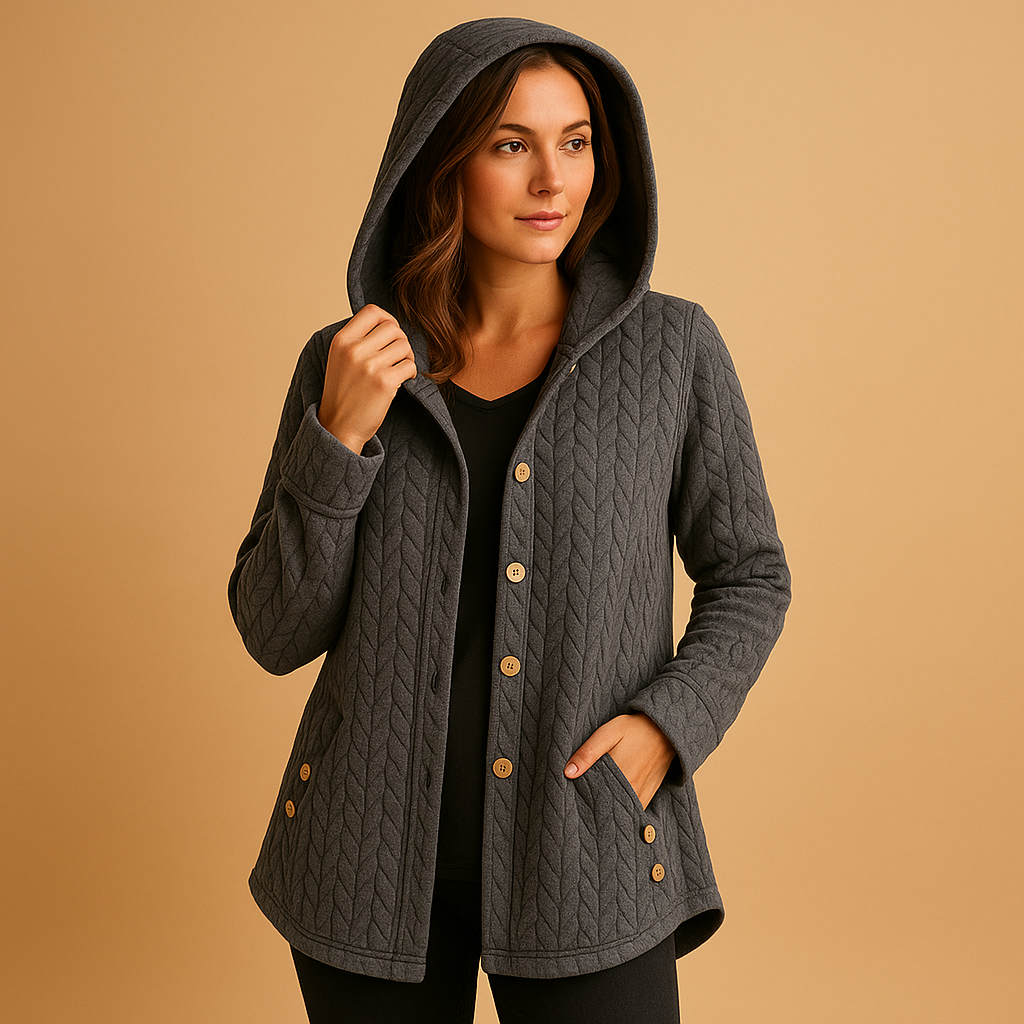 Women’s long winter coat with hood, button closure and extended silhouette, designed for warmth, comfort and everyday winter outfits.