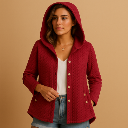 Women’s long winter coat with hood, button closure and extended silhouette, designed for warmth, comfort and everyday winter outfits.