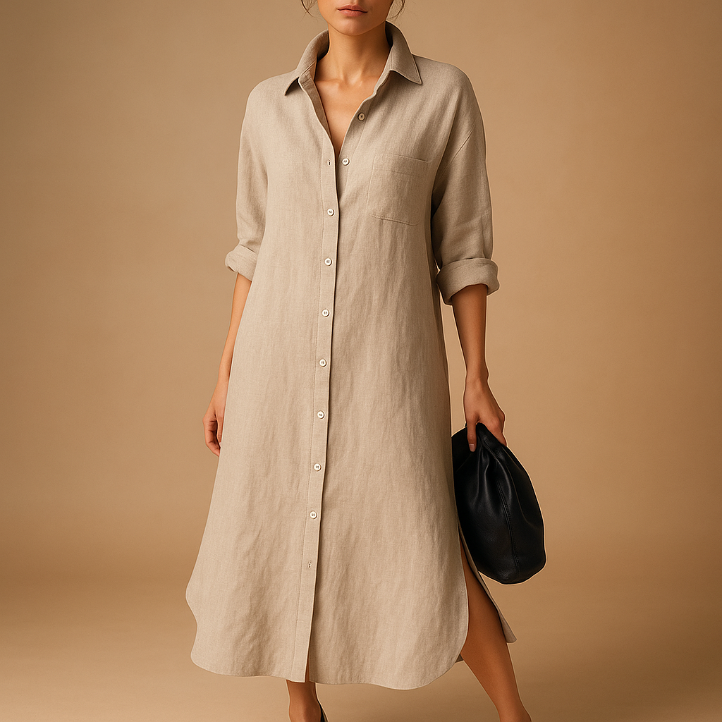 Loose fit shirt dress for women made from breathable hemp blend with classic button design, ideal for spring and summer wear.