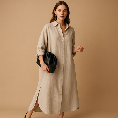 Loose fit shirt dress for women made from breathable hemp blend with classic button design, ideal for spring and summer wear.