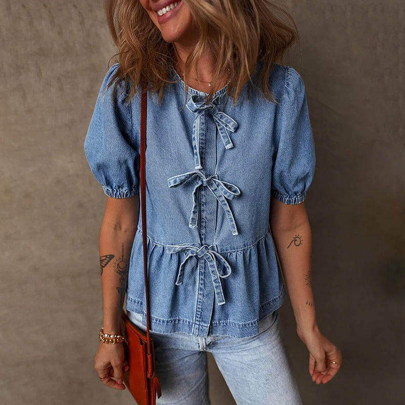 Women's Denim Blouse Tie Front Blue - Vonnera