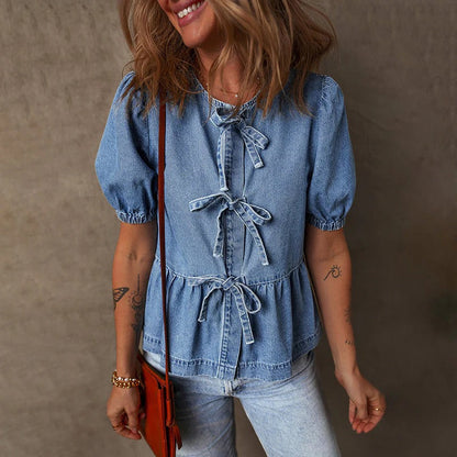 Women's Denim Blouse Tie Front Blue - Vonnera