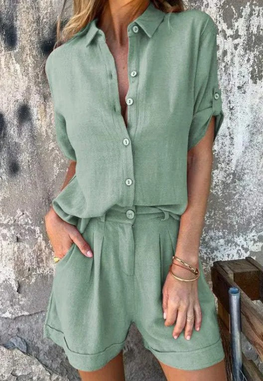 Women's Button Shirt Shorts Set