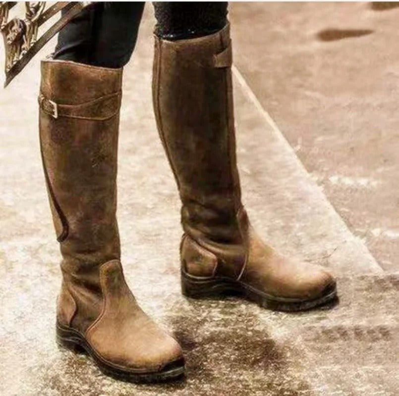 Women's Waterproof Knee-High Boots Non-Slip Sole Buckle Strap Black