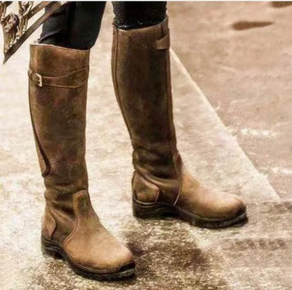 Women's Waterproof Knee-High Boots Non-Slip Sole Buckle Strap Black