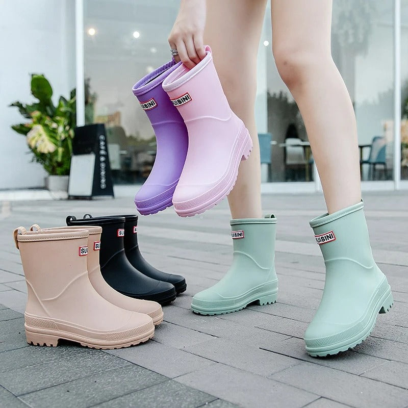 Women's Waterproof Rain Boots Mid-Calf Non-Slip Sole