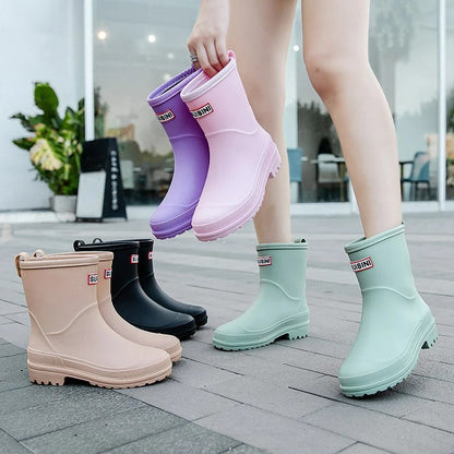 Women's Waterproof Rain Boots Mid-Calf Non-Slip Sole