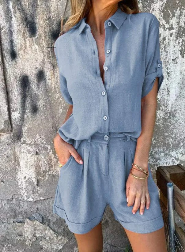 Women's Button Shirt Shorts Set