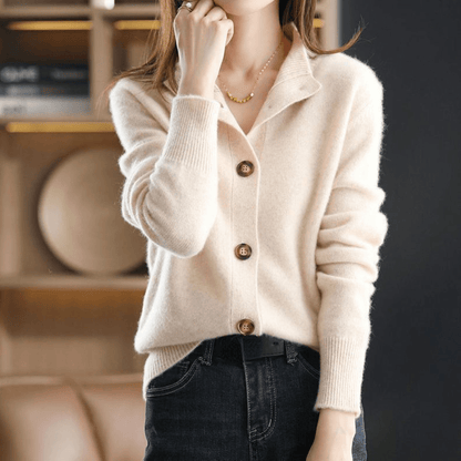 Women's Knit Cardigan Button-Up Classic Lapel Collar Beige