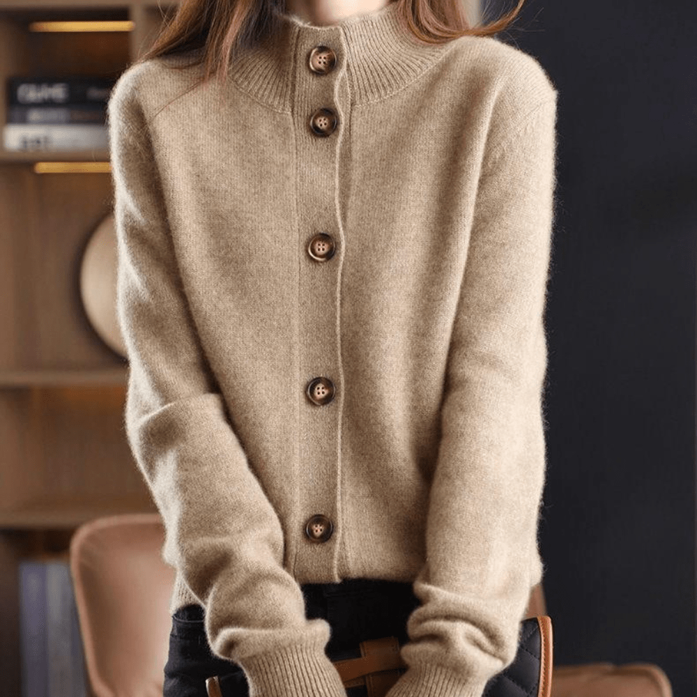 Women's Knit Cardigan Button-Up Classic Lapel Collar Beige