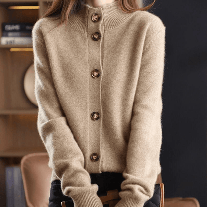 Women's Knit Cardigan Button-Up Classic Lapel Collar Beige