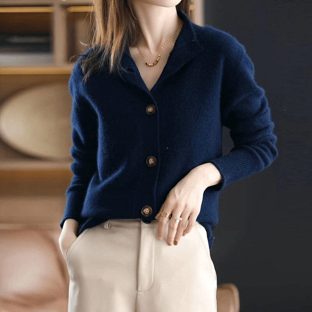 Women's Knit Cardigan Button-Up Classic Lapel Collar Beige - Vonnera