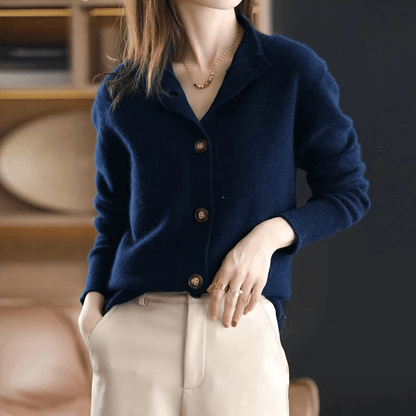 Women's Knit Cardigan Button-Up Classic Lapel Collar Beige - Vonnera