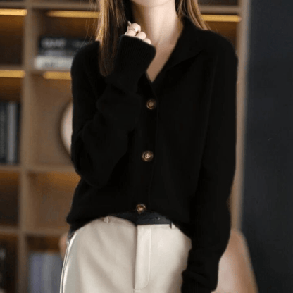 Women's Knit Cardigan Button-Up Classic Lapel Collar Beige