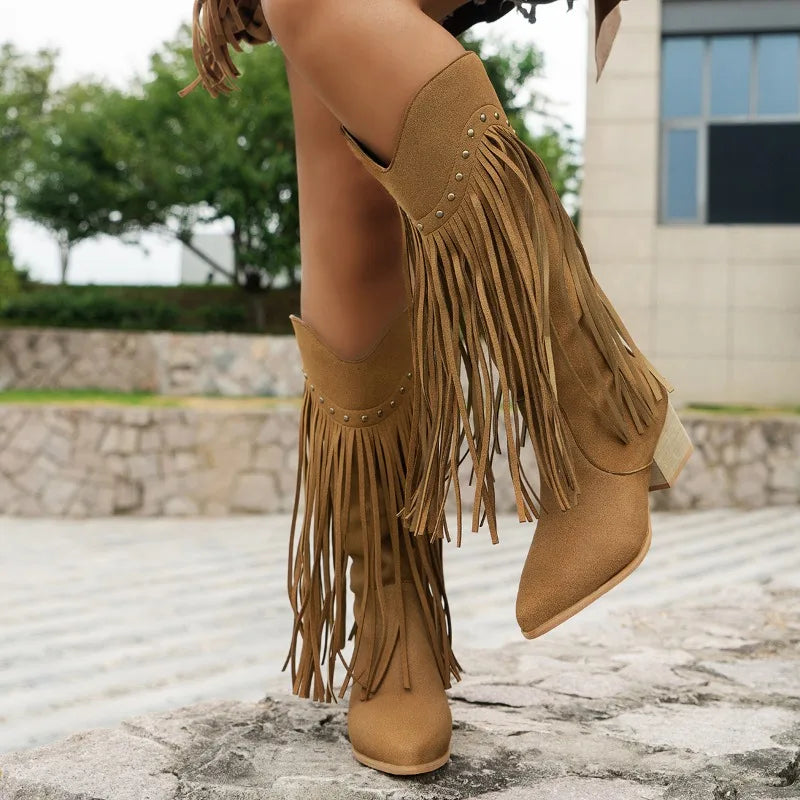 Women's Fringe Knee High Leather Boots - Vonnera