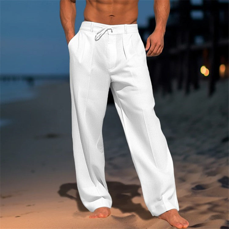 Men's Drawstring Trousers Wide Leg Cotton Beige - Vonnera
