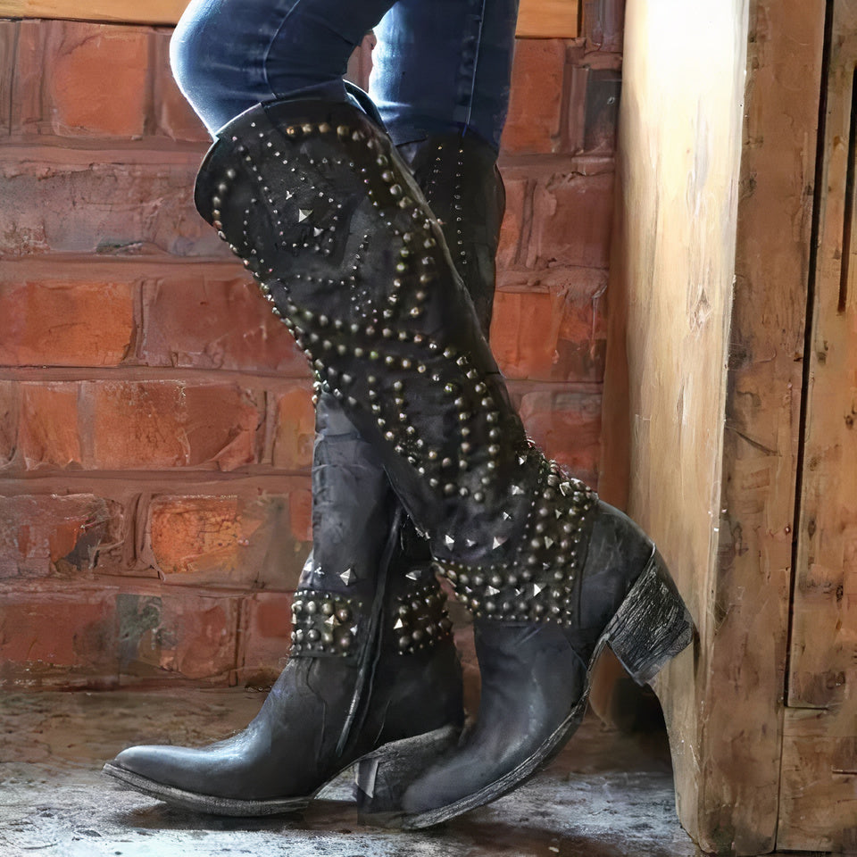 Women's Studded Knee High Leather Boots - Vonnera