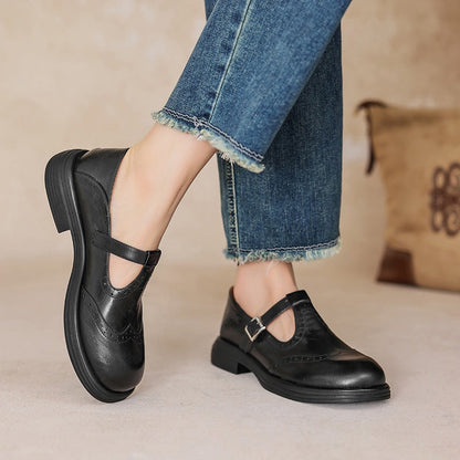 Women's Leather Mary Jane Shoes Block Heel Brown
