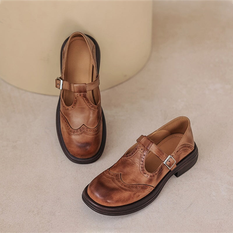 Women's Leather Mary Jane Shoes Block Heel Brown
