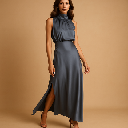 Women’s maxi dress with side slit and flowing silhouette, perfect for spring and summer outings, casual days, and elegant evening occasions.