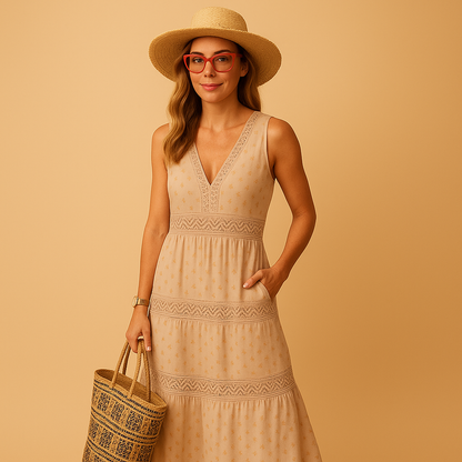 Women’s maxi summer dress with airy flowing fabric and flattering fit, perfect for beach days, summer vacations, parties, and casual warm-weather outfits.