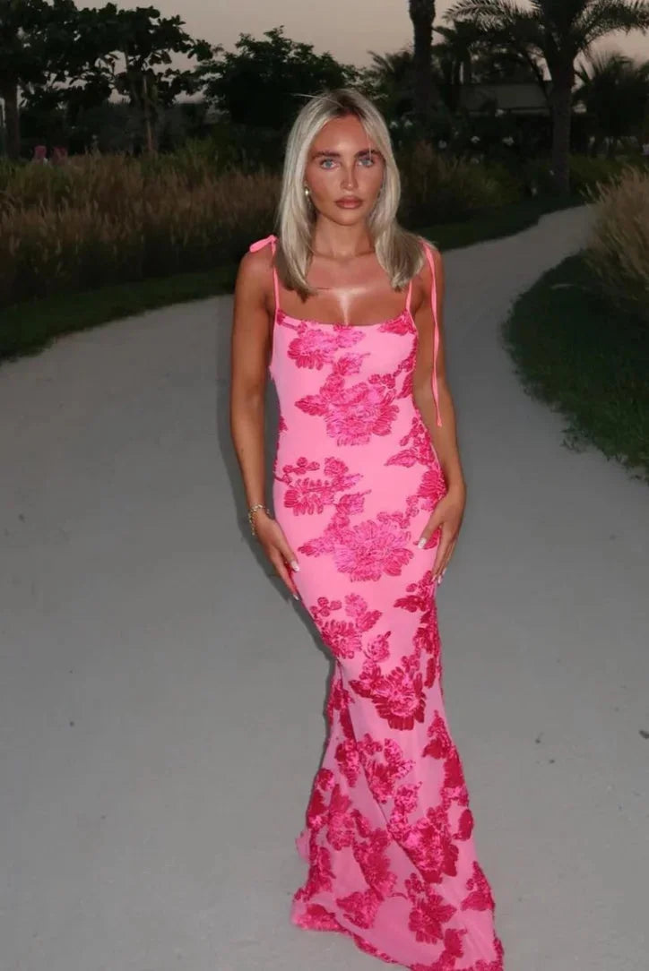 Women's Pink Floral Maxi Dress Shoulder Ties - Vonnera