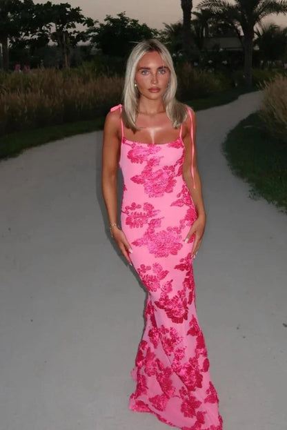 Women's Pink Floral Maxi Dress Shoulder Ties - Vonnera