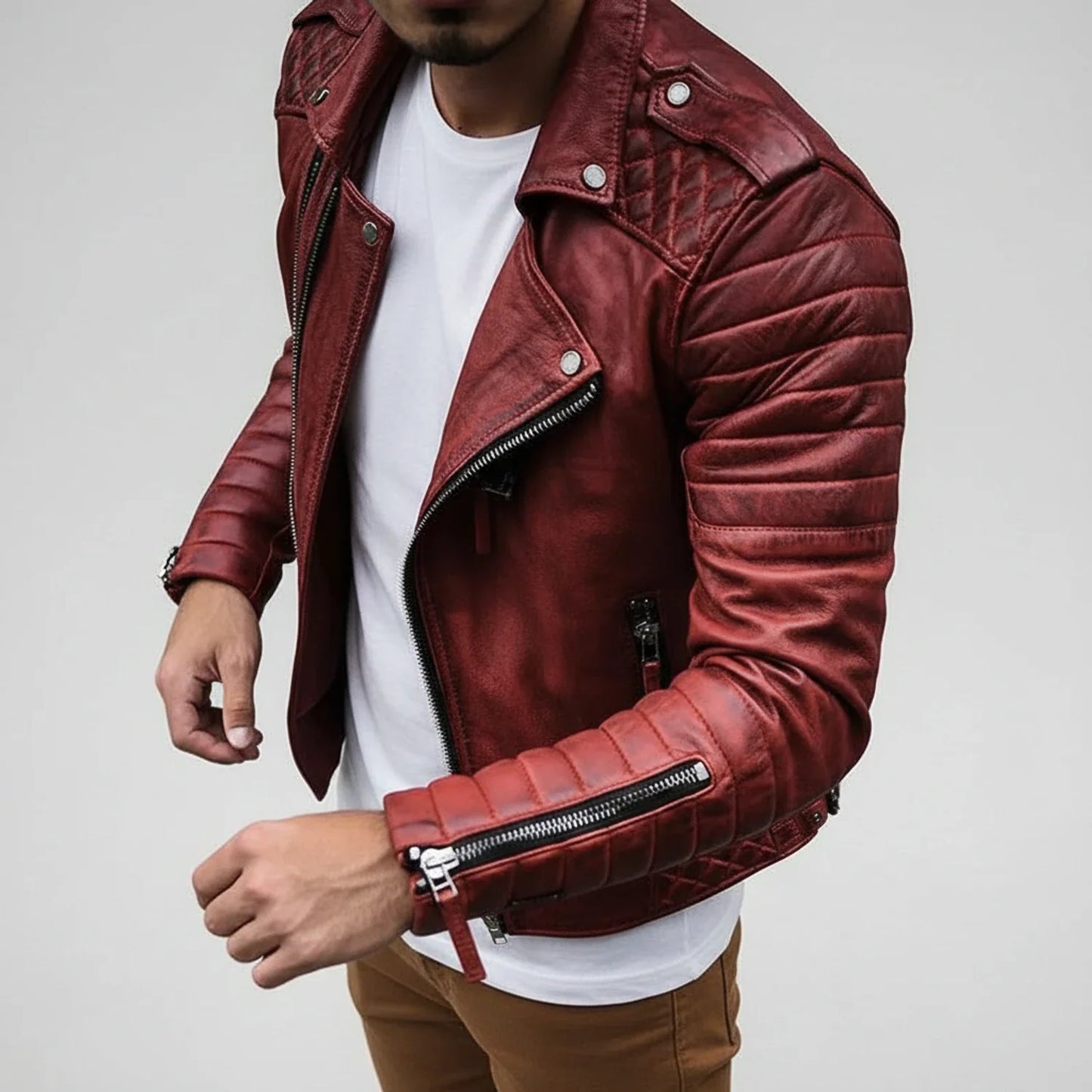 Men's Quilted Leather Biker Jacket - Vonnera