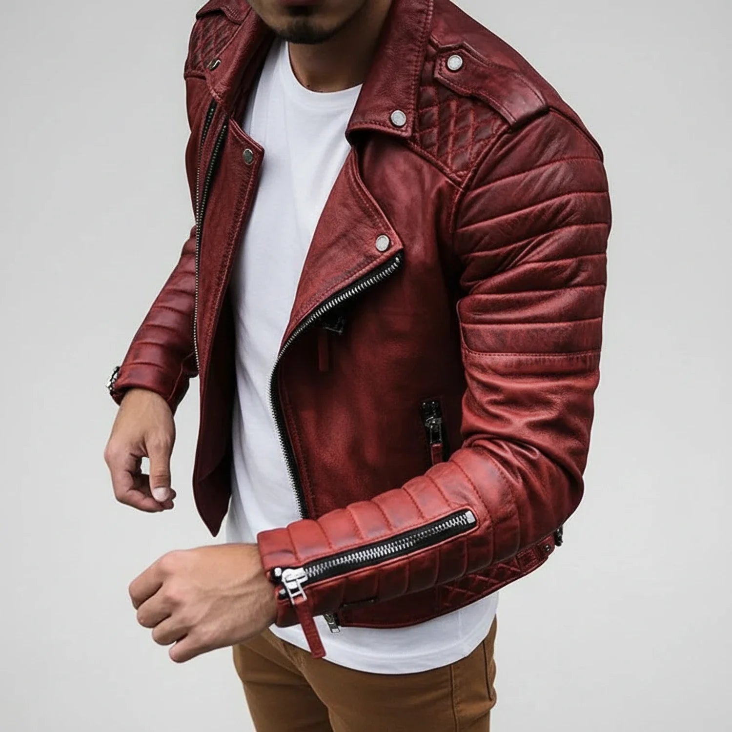 Men's Quilted Leather Biker Jacket - Vonnera