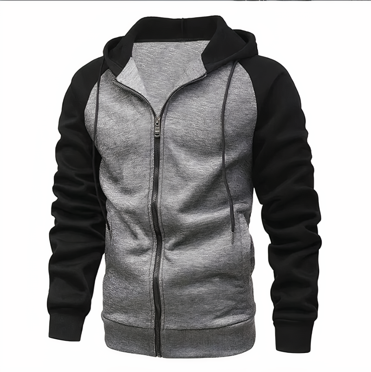 Men's Zip-Up Hoodie Cotton Drawstring Raglan Sleeves Grey