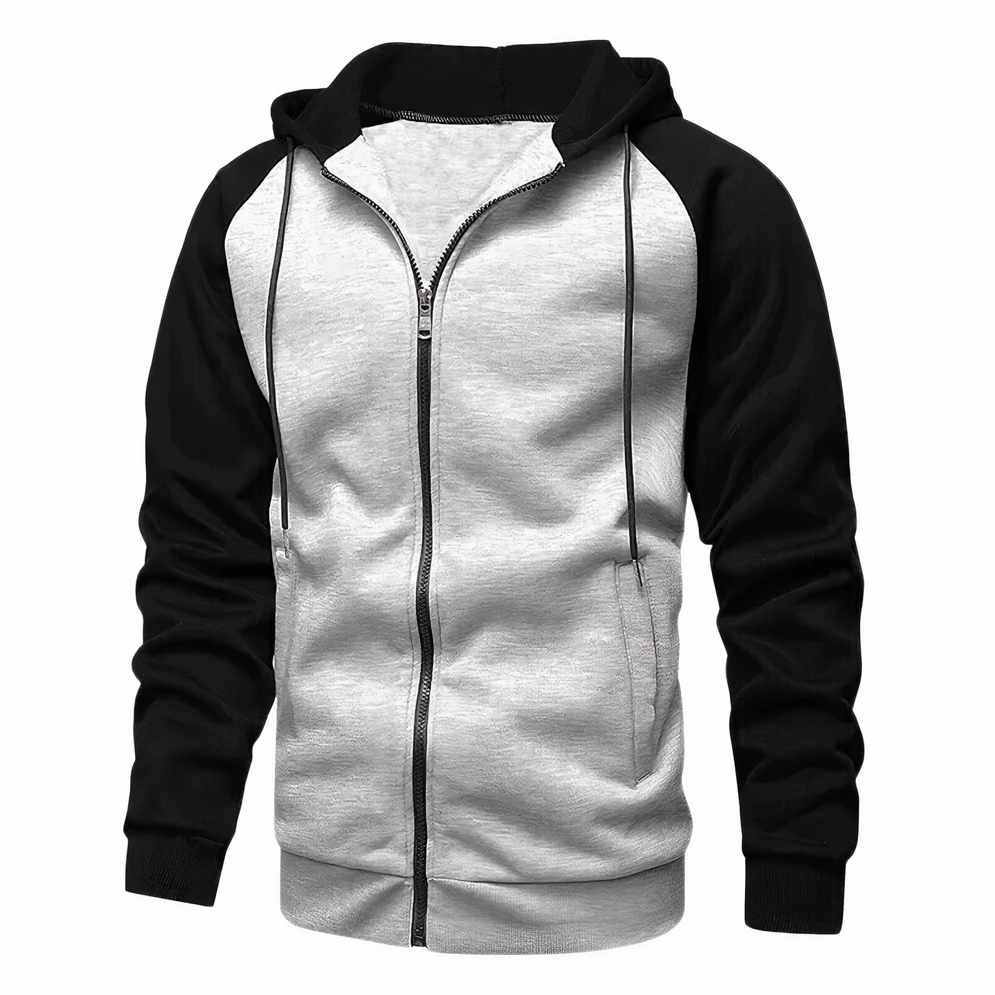 Men's Zip-Up Hoodie Cotton Drawstring Raglan Sleeves Grey