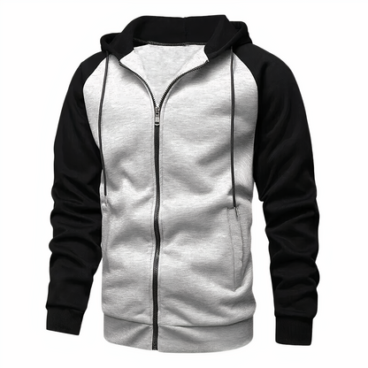 Men's Zip-Up Hoodie Cotton Drawstring Raglan Sleeves Grey