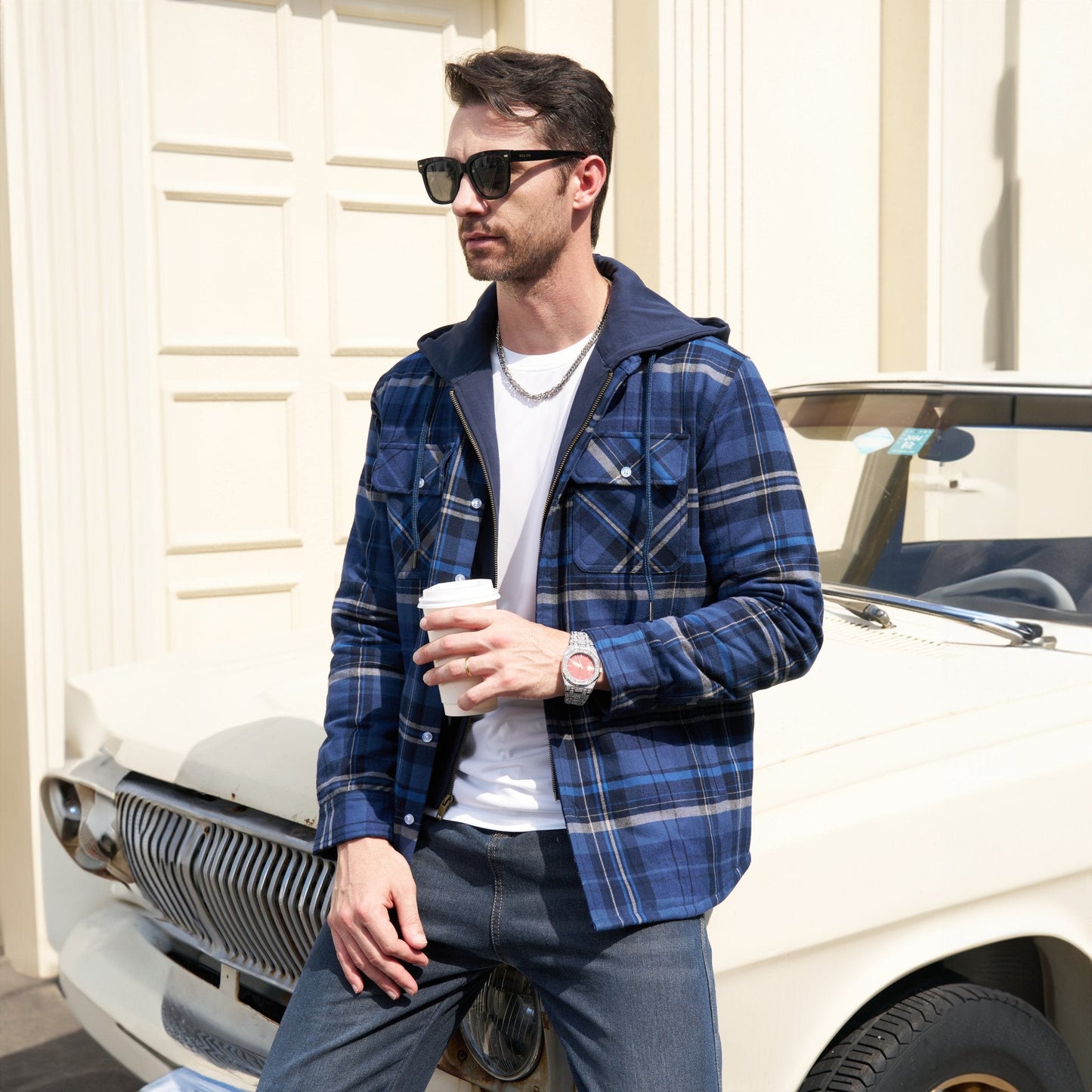 Men's Flannel Jacket Removable Hood 5 Pocket
