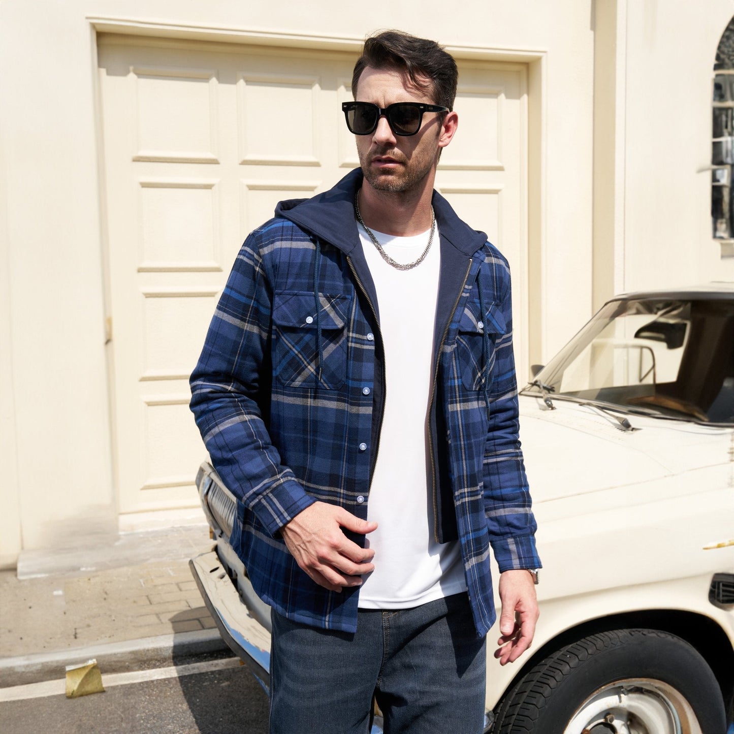 Men's Flannel Jacket Removable Hood 5 Pocket