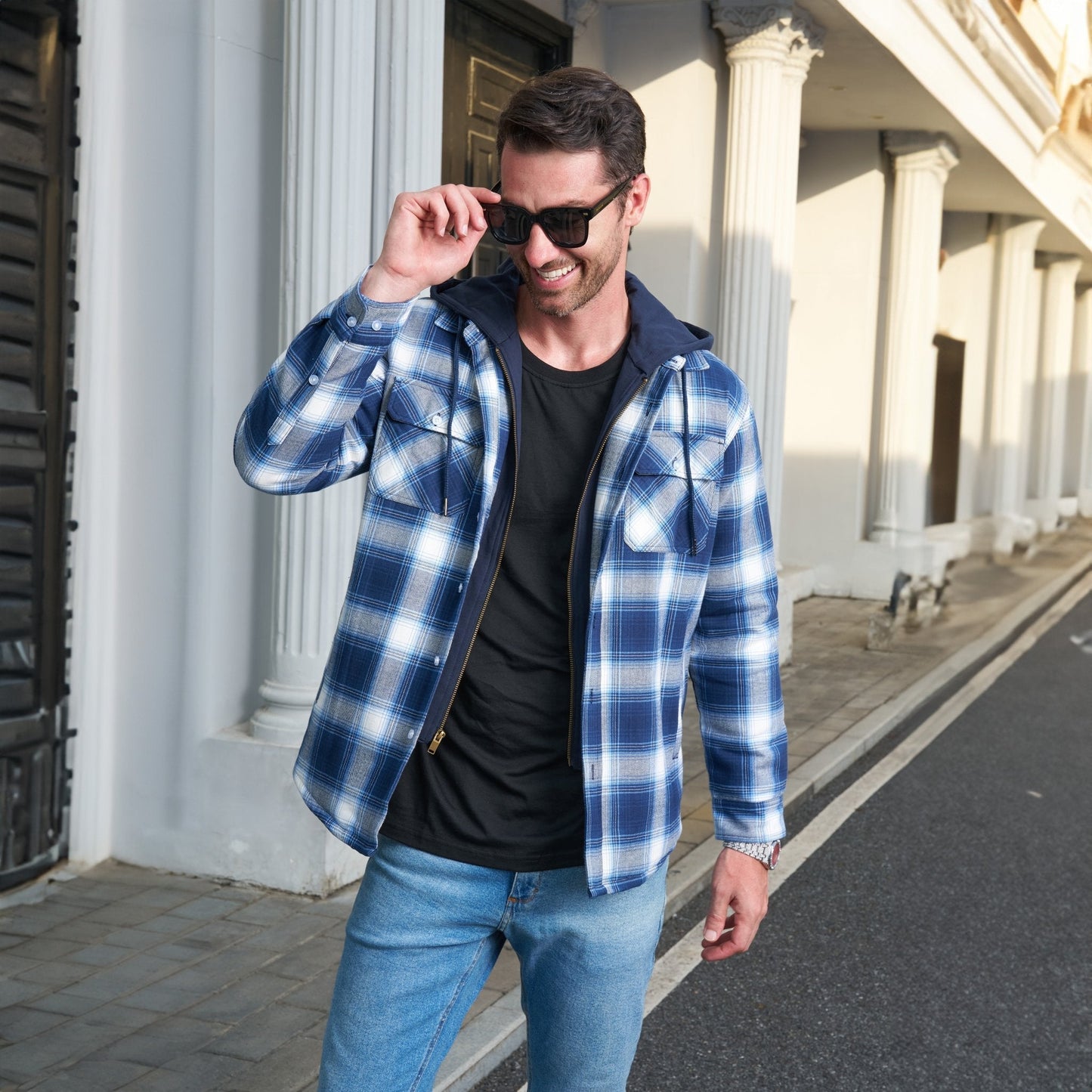 Men's Flannel Jacket Removable Hood 5 Pocket