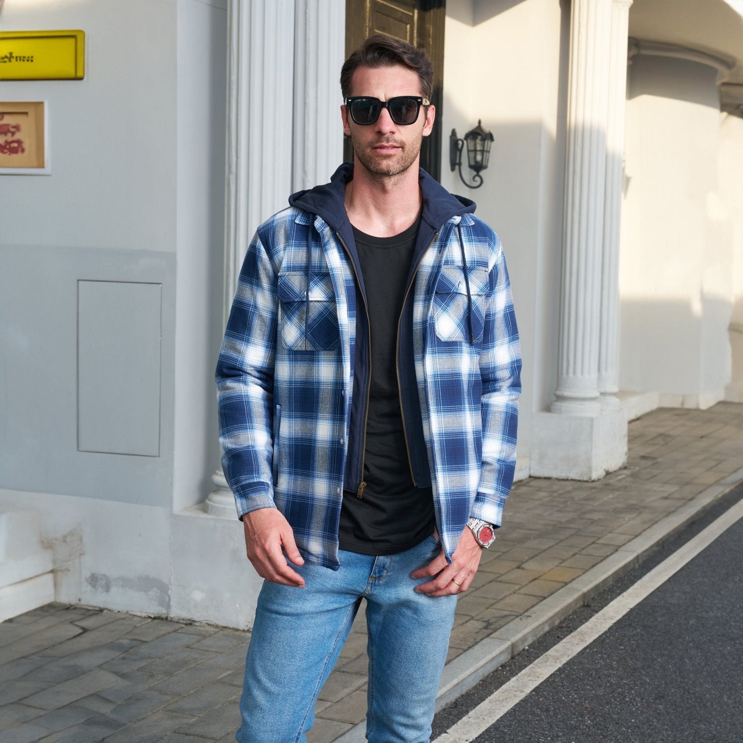 Men's Flannel Jacket Removable Hood 5 Pocket