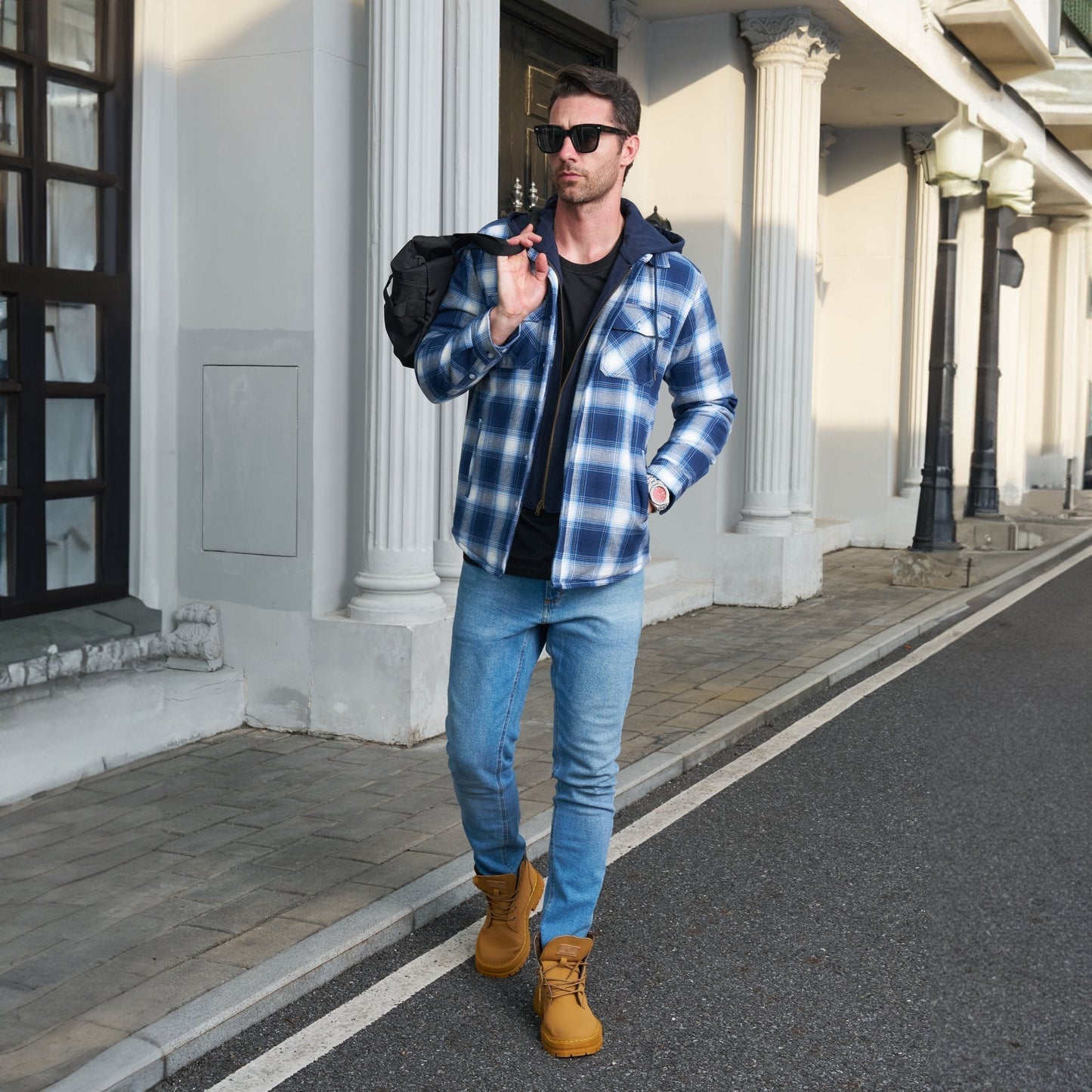 Men's Flannel Jacket Removable Hood 5 Pocket