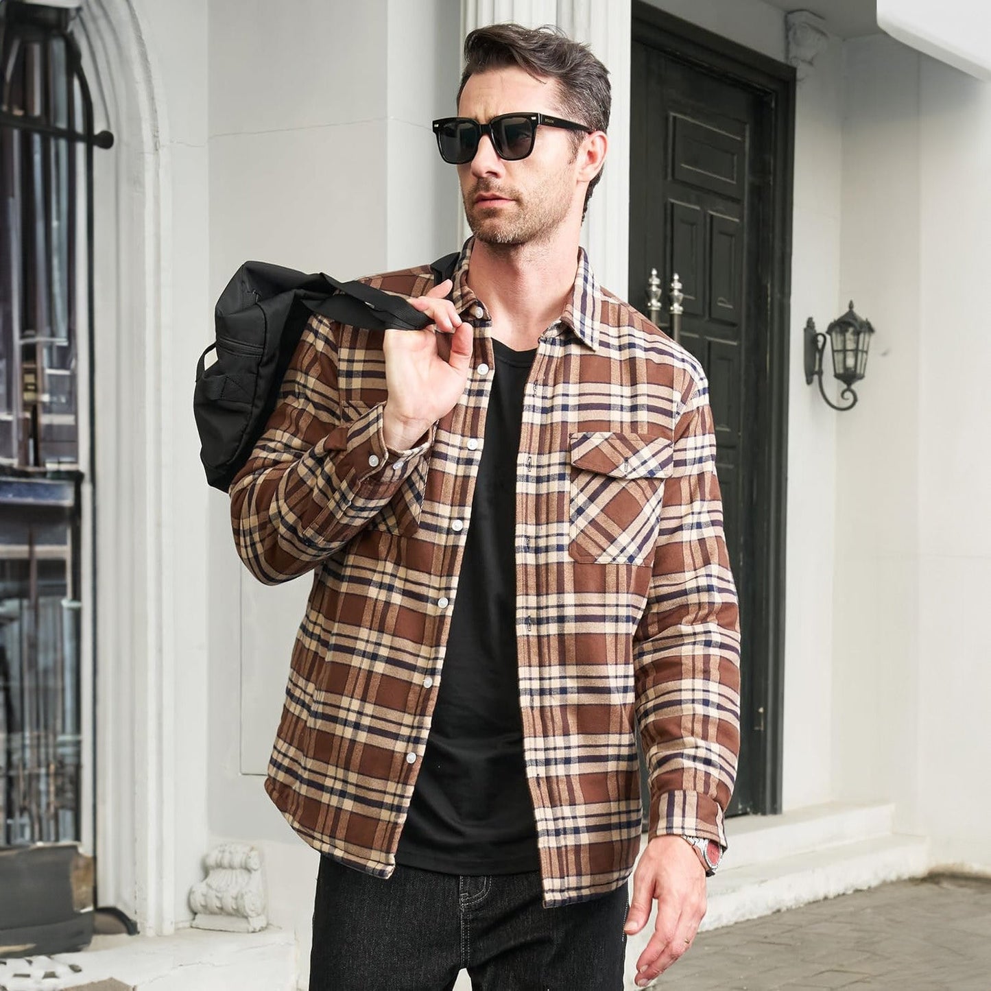 Men's Flannel Shirt Jacket Fleece Lined Cotton Warm Navy