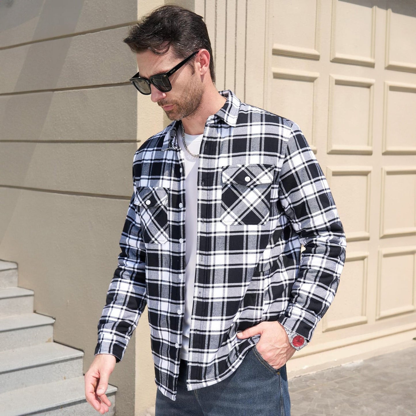 Men's Flannel Shirt Jacket Fleece Lined Cotton Warm Navy