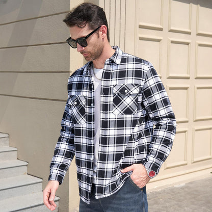 Men's Flannel Shirt Jacket Fleece Lined Cotton Warm Navy