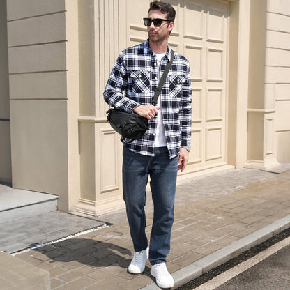 Men's Flannel Shirt Jacket Fleece Lined Cotton Warm Navy