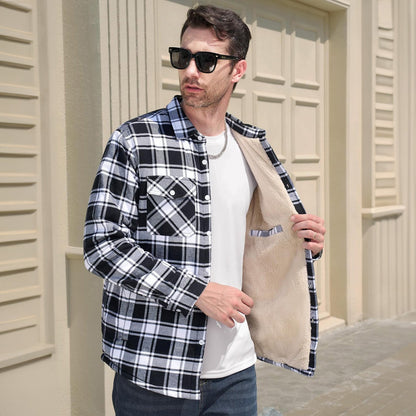Men's Flannel Shirt Jacket Fleece Lined Cotton Warm Navy