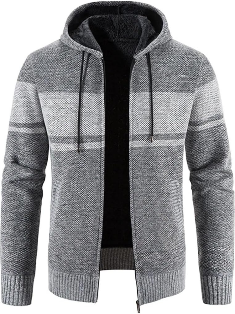 Men's Hooded Cardigan Zip-Up Fleece Lined Adjustable Drawstring