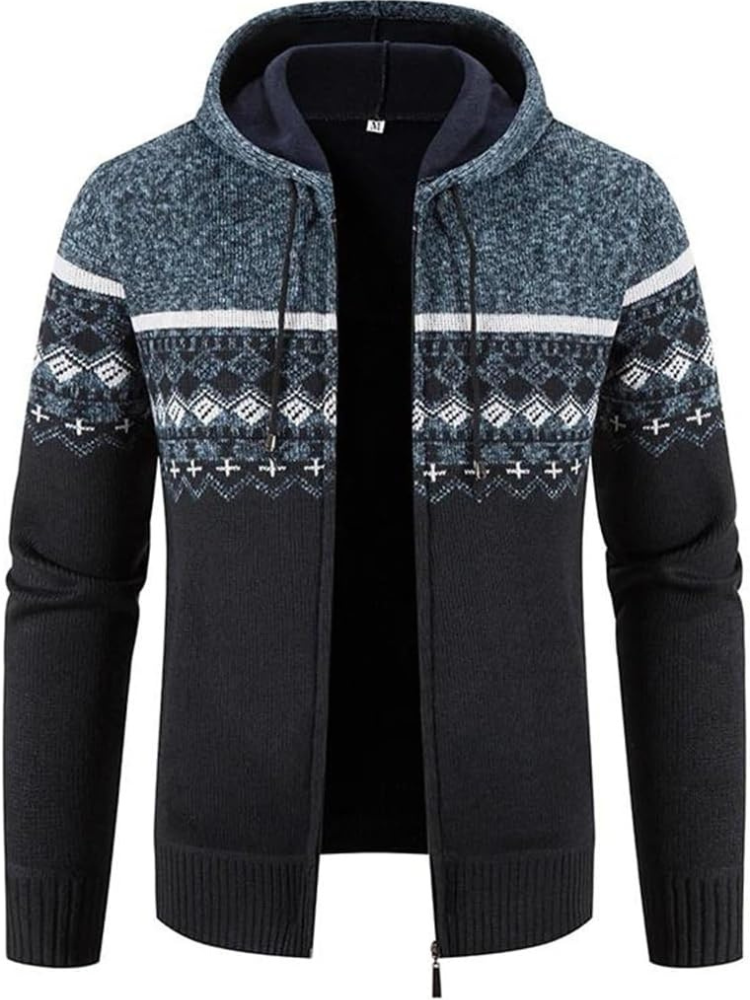 Men's Hooded Cardigan Zip-Up Fleece Lined Adjustable Drawstring