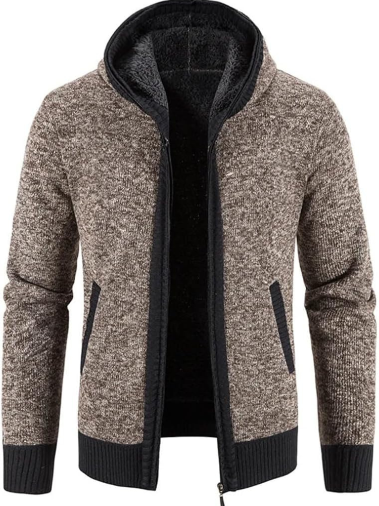 Men's Hooded Cardigan Zip-Up Fleece Lined Adjustable Drawstring