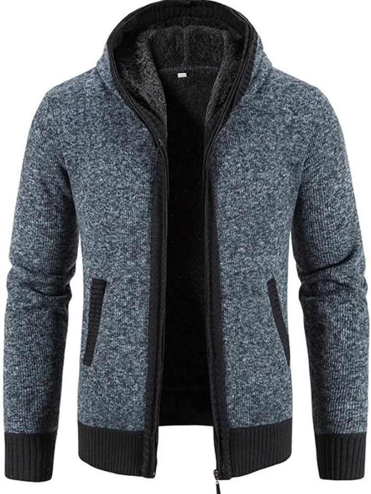 Men's Hooded Cardigan Zip-Up Fleece Lined Adjustable Drawstring