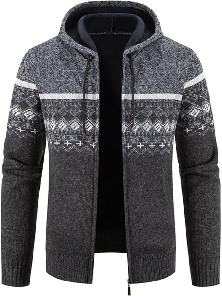 Men's Hooded Cardigan Zip-Up Fleece Lined Adjustable Drawstring