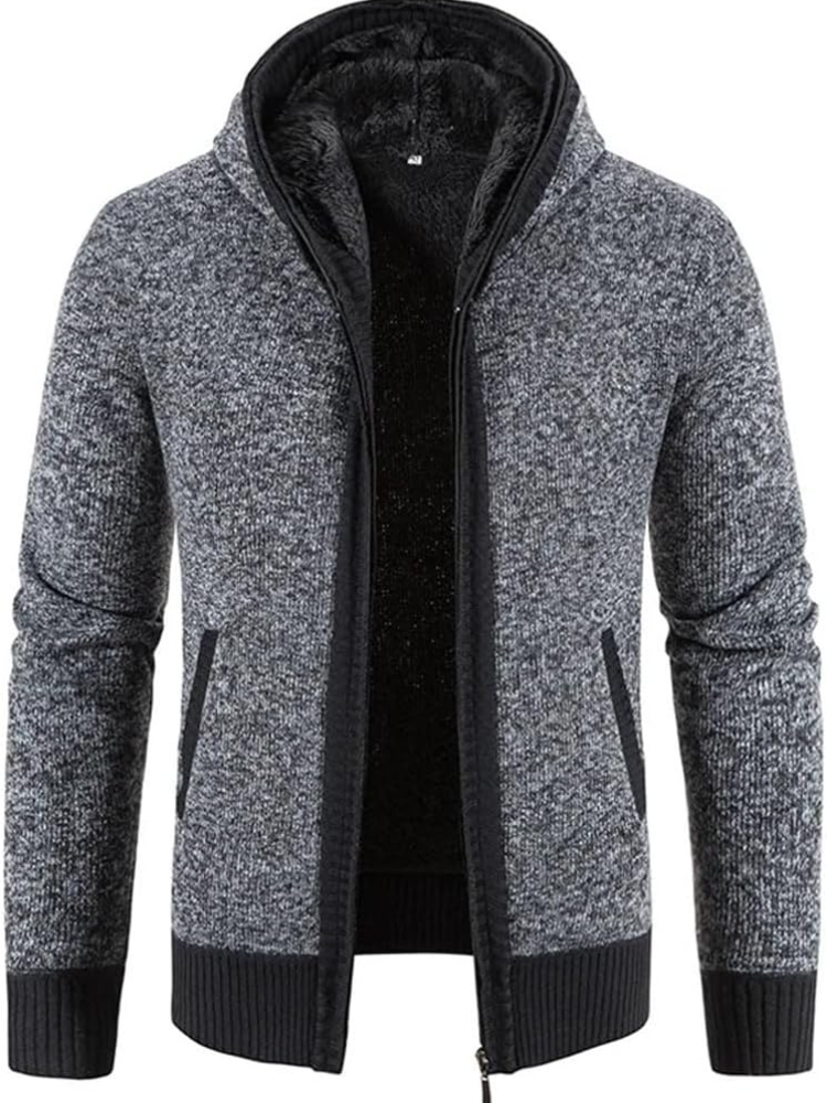 Men's Hooded Cardigan Zip-Up Fleece Lined Adjustable Drawstring
