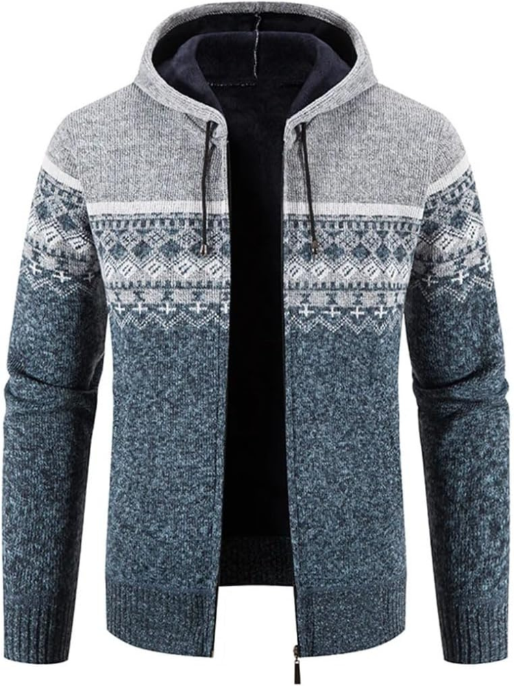 Men's Hooded Cardigan Zip-Up Fleece Lined Adjustable Drawstring